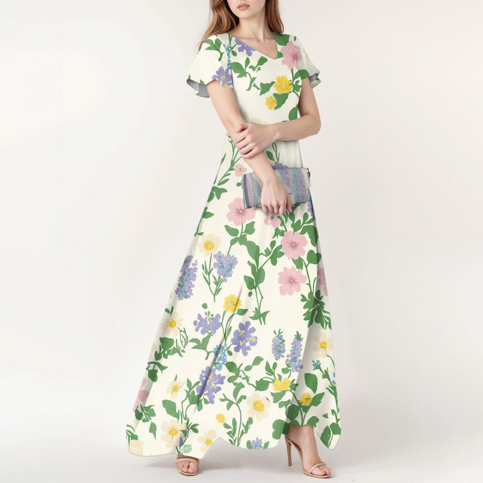 

Women s Spring And Summer Casual Fashion Floral Print Dress V Neck Short Sleeve Dress L армія зелений колір