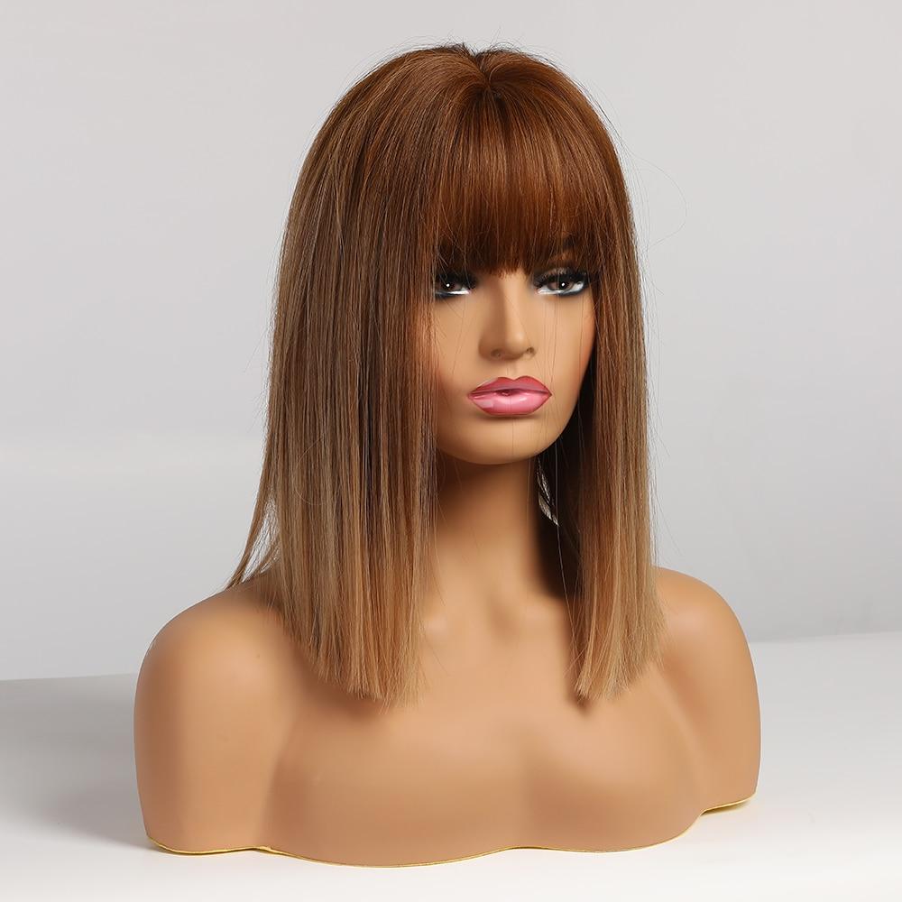 ALAN EATON Ombre Brown Golden Short Straight Hair Lolita Bobo Wigs with Bangs Synthetic Wigs For Women Cosplay Heat Resistant