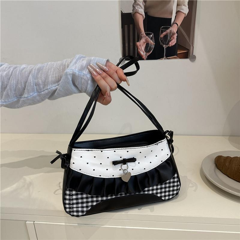 Cute Lace Bow Patchwork Underarm Bag for Women Sweet Plaid Polka Dot Girls Small Phone Shoulder Bag