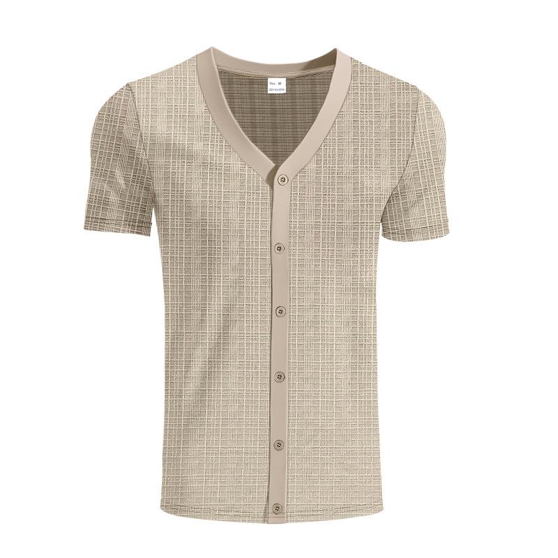 Mens V Neck Short Sleeve Solid Color Button Front Casual Summer T Shirt