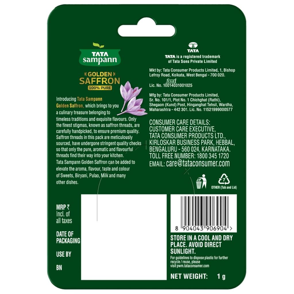 Tata Sampann Golden Saffron 1g Pack Premium Pure Kesar Threads Natural Aroma and Colour for Cooking