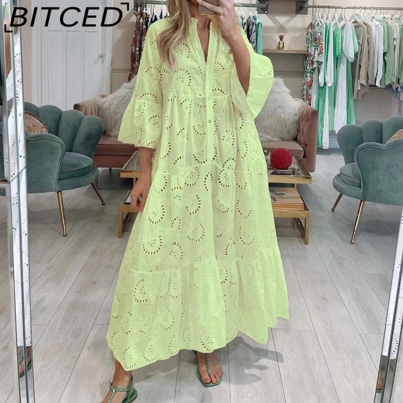BITCED Women's Summer/Autumn V-neck Bell-Sleeve Lace-Embellished Solid-Colour Sensual Long Dress