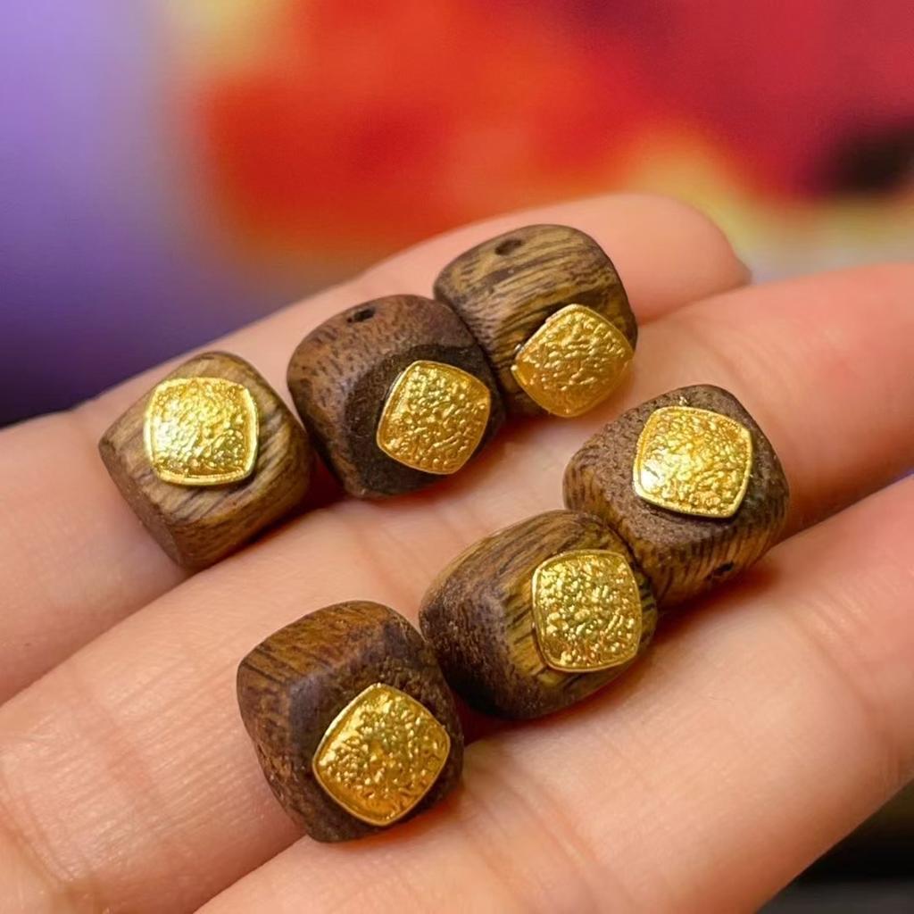 5Pcs Handmade Wooden Square Beads with Yellow Copper Accents, Stylish Minimalist Yellow Fortune God Loose Beads for DIY Necklace, Jewelry Making 8×8mm