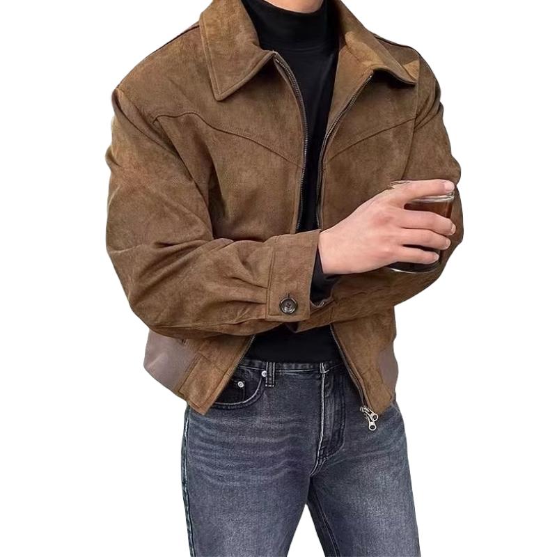 Elegant Solid Coat Men Spring Autumn Loose Lapel Zipper Short Jacket Vintage Streetwear Bomber Jacket