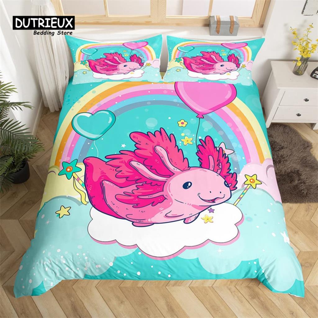 

Cartoon Axolotl Duvet Cover Single Twin King Wildlife Animal Bedding Set Microfiber Galaxy Mushroom Comforter Cover For Boy Girl EU single(135x200cm)