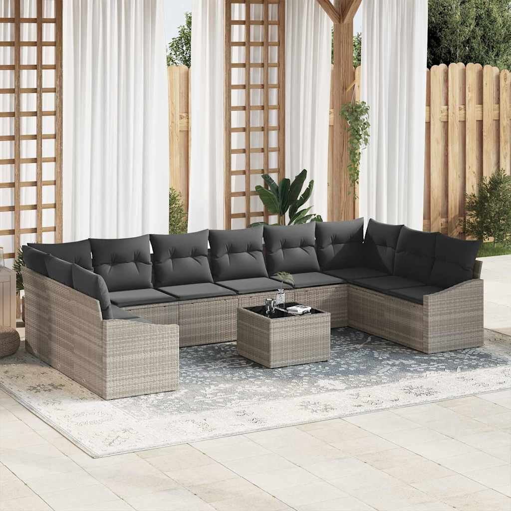 11 Piece Sofa Set with Cushions Light Grey Poly Rattan
