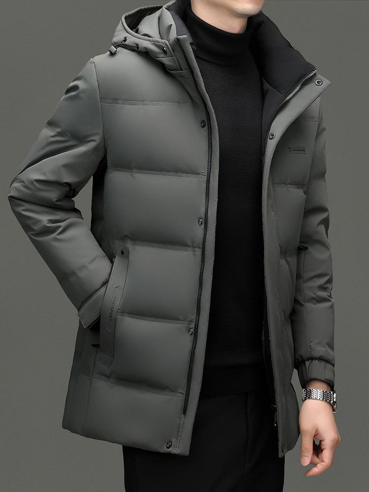 Men's Mid-Length Winter Down Jacket with Detachable Hood - Thick, Warm White Duck Down for Casual Wear