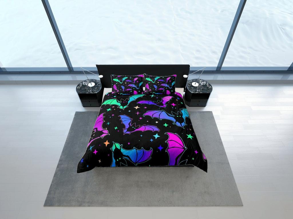 Neon Bats Duvet Cover Set, Gothic Halloween Bedroom Set, Trippy Bat Quilt Cover, Multicolor Bedspread, Custom Bedding set, Beautiful bed set