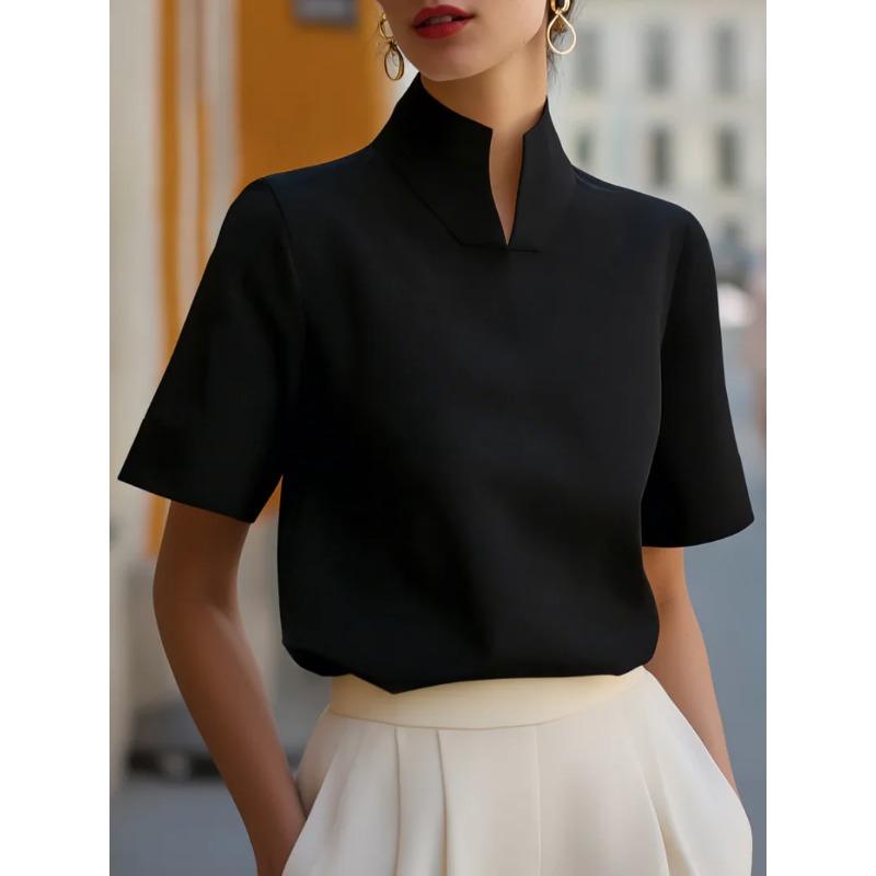 Stehkragen Kurzarm Bluse Elegante Bürokleidung Lässige Arbeitskleidung Oberteile für Damen