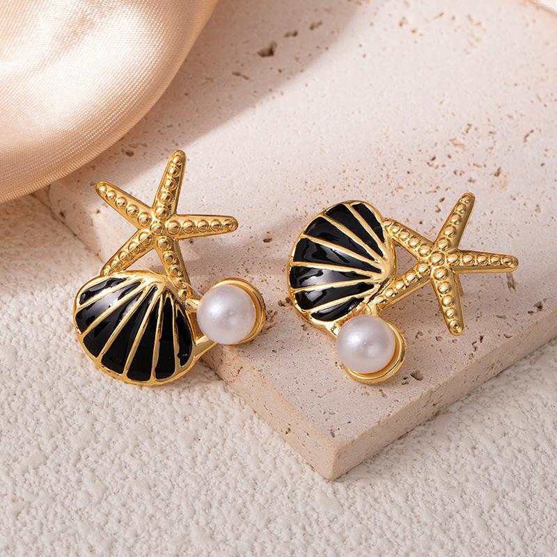 Colorful Drip Oil Starfish Mother-of-Pearl Pearl Stainless Steel Stud Earrings - Women's Non-Fading Light Luxury