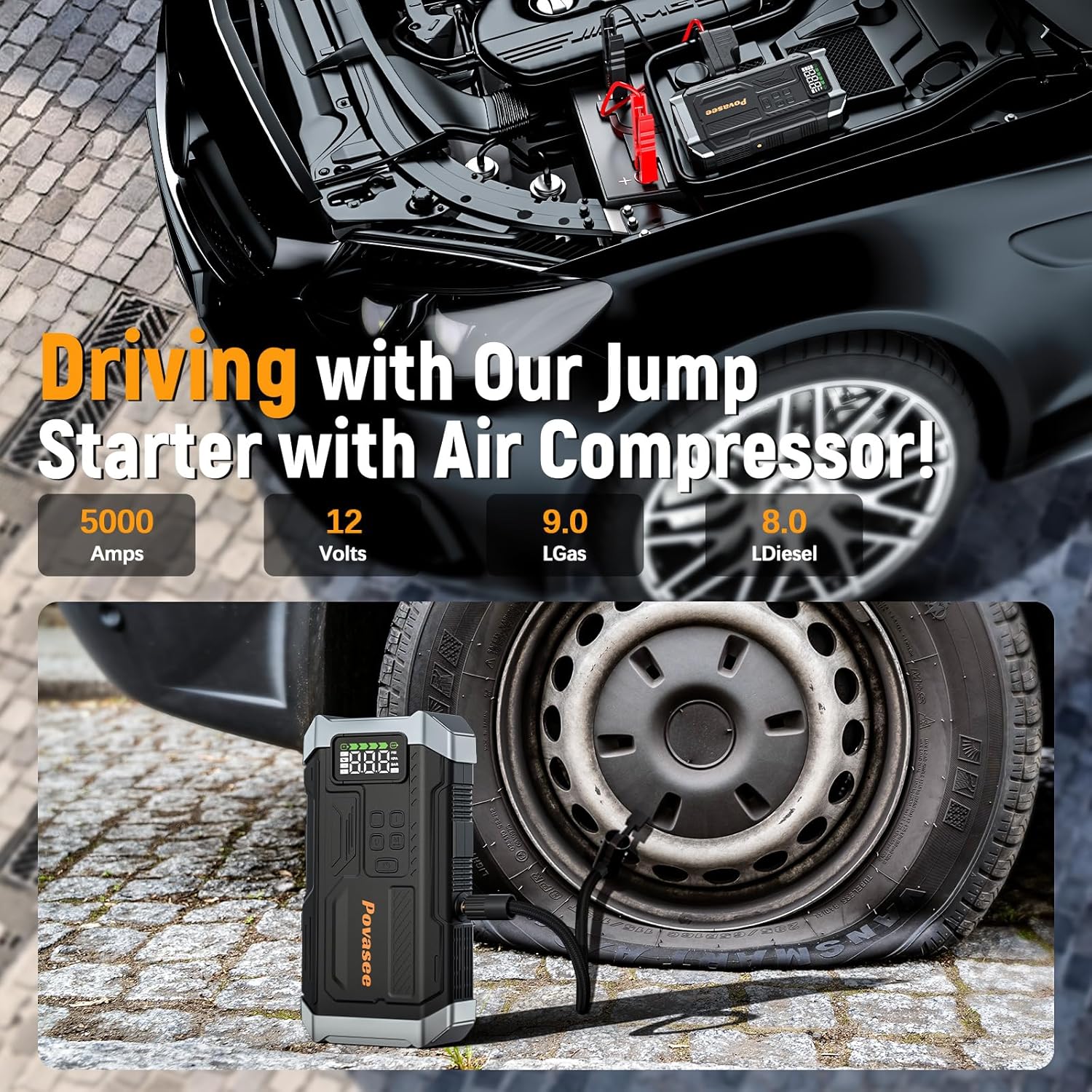 

2025 New 5000A Jump Starter with Air Compressor, 150PSI Inflator, LCD Display, Flashlight, Portable 12V Jump Box United States