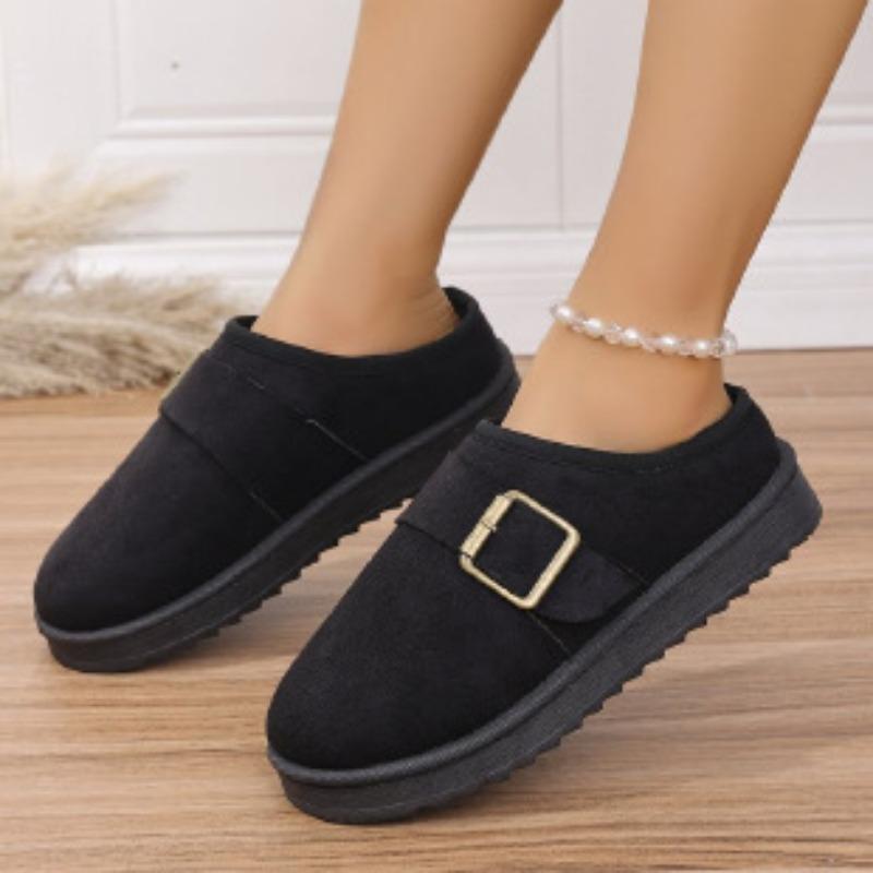 Women's winter fur one plush lining a foot stirrup warm cold lightweight hiking waterproof non-slip soft bottom belt buckle snow boots cotton slippers