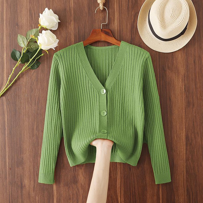 2025 Women's V-neck Loose Knit Cardigan - Short, Long Sleeve Sweater for Spring & Autumn