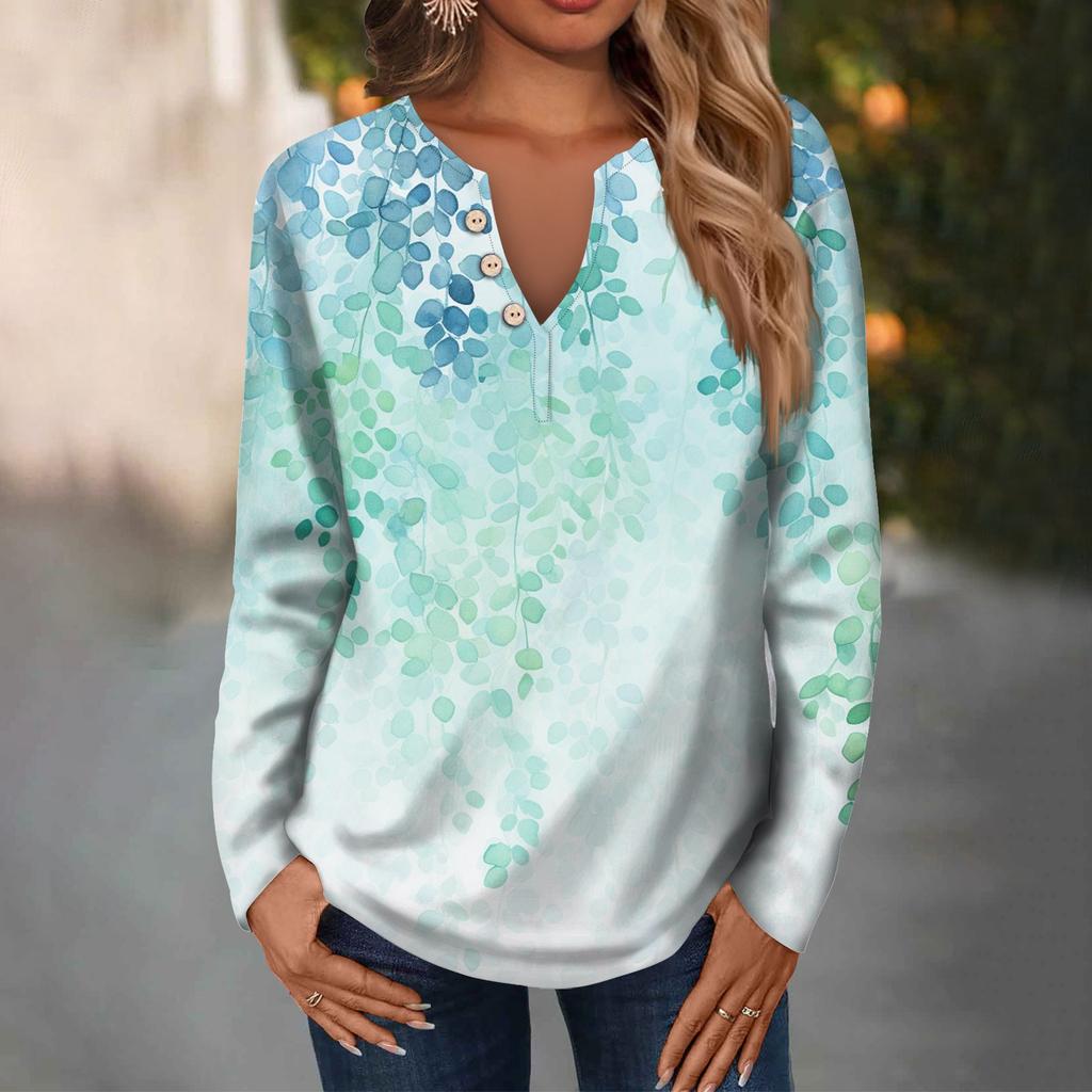 Women's Fashion Casual V-Neck Long Sleeve Loose  Printed T-Shirt Ladies Top With Decorative Buttons