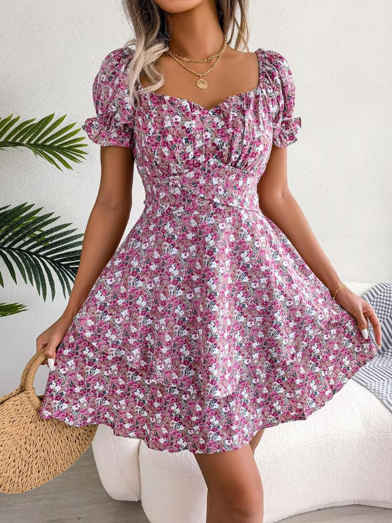 Abito Stampato con Scollo Quadrato Vita Alta Abito Elegante da Donna Manica Corta Abiti Ampi Abito Casual