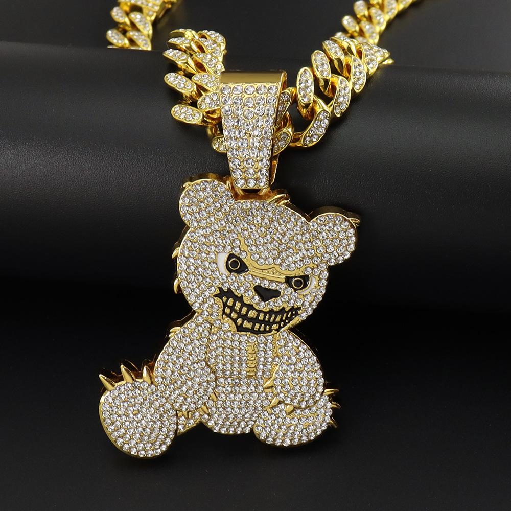 Cross Diamond Painting Bear Pendant Necklace - Trendy Hip-Hop Cuban Chain Clavicle Jewelry