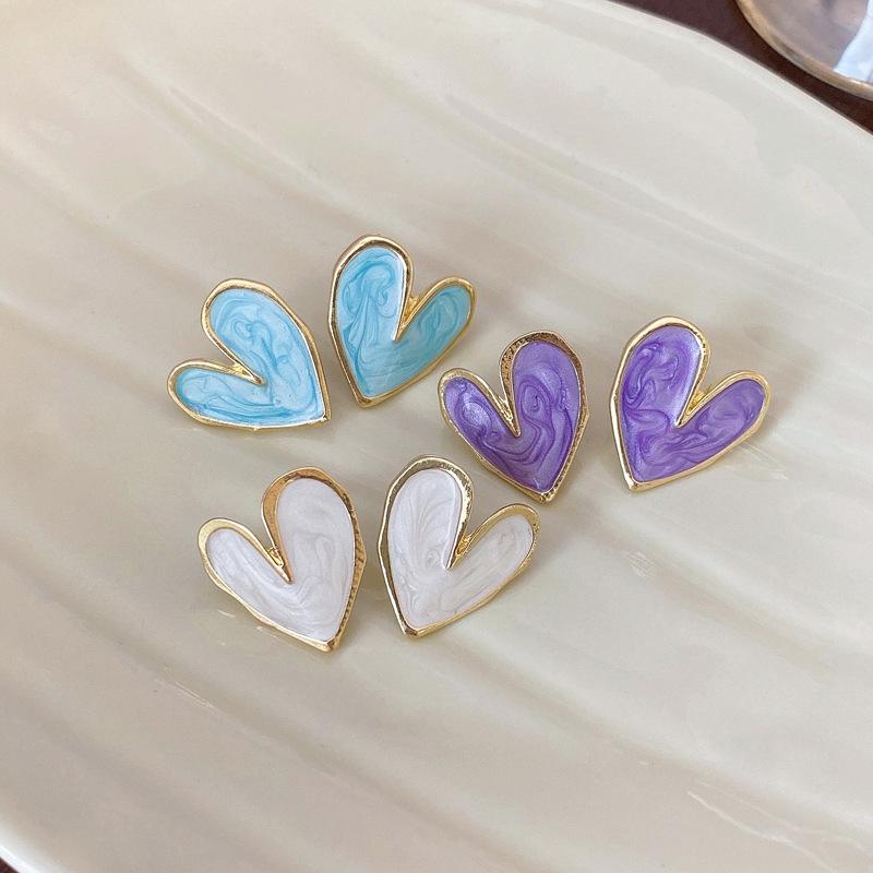 Glitter Enamel Oil Heart Stud Earrings for Women Girls New Fashion Party Golden Color Love Earrings Cute Romantic Zircon Gift