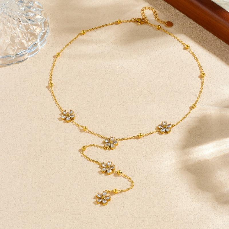 

Gold Plated CZ Flower Y-Shaped Necklace, Stainless Steel Dainty Station Chain Choker, Waterproof Jewelry for Women Gift золотой