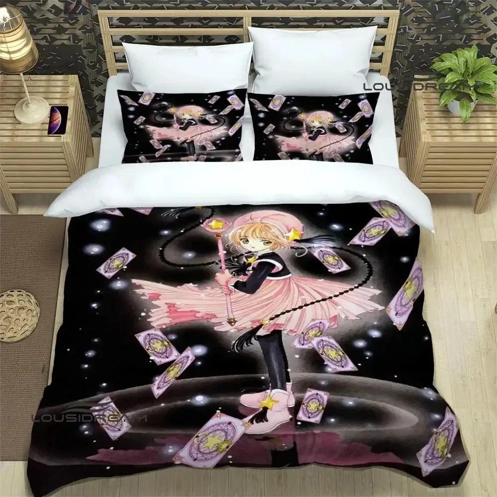 Druk 3D Zestaw pościeli Anime Card Captor Sakura Miękny nowoczesny narzuta na łóżko do sypialni Wygodna poszewka na kołdrę Poszewka na kołdrę i poszewka na poduszkę