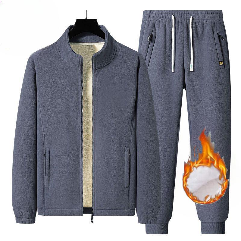 Men's   Winter  2-piece Suit Lamb Fleece Sports Suit  Casual Sweater Plus Velvet Thickening Warm Winter Dad 2-piece Suit