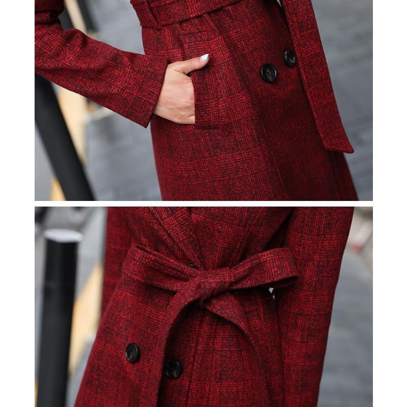 Red Plaid Wool Belted Coat with Notched Lapel Slim Fit Over Knee Simple Elegant Trench Jacket for Women