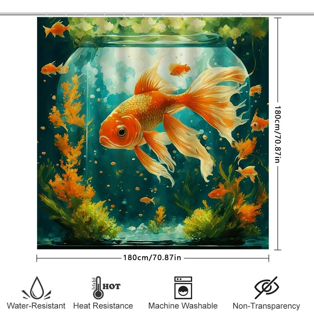 Fish Tank Print Shower Curtain Orange Fish Bath Rug Decorative Liner With Green Seaweed For Bathroom Blue Waterproof Fabric