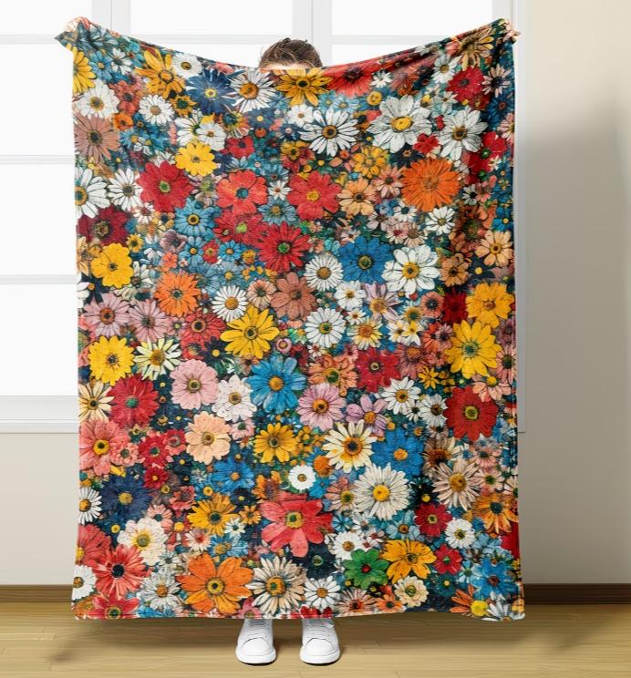 Colorful Flannel Blanket with Heart And Floral Patchwork Design - Soft Blanket for Sofa Bed Car Office Camping Travel Vintage