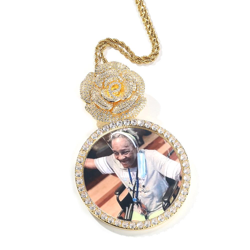 

Hip Hop Necklace Rose Button Head Oversized Round Photo Pendant Personalized Wear Accessories Accessories