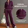 Women Two Piece Tracksuit Set Half Zip Stand Collar Sweatshirt Drawstring Wide Leg Pants Contrast Stripe Casual Sportswear
