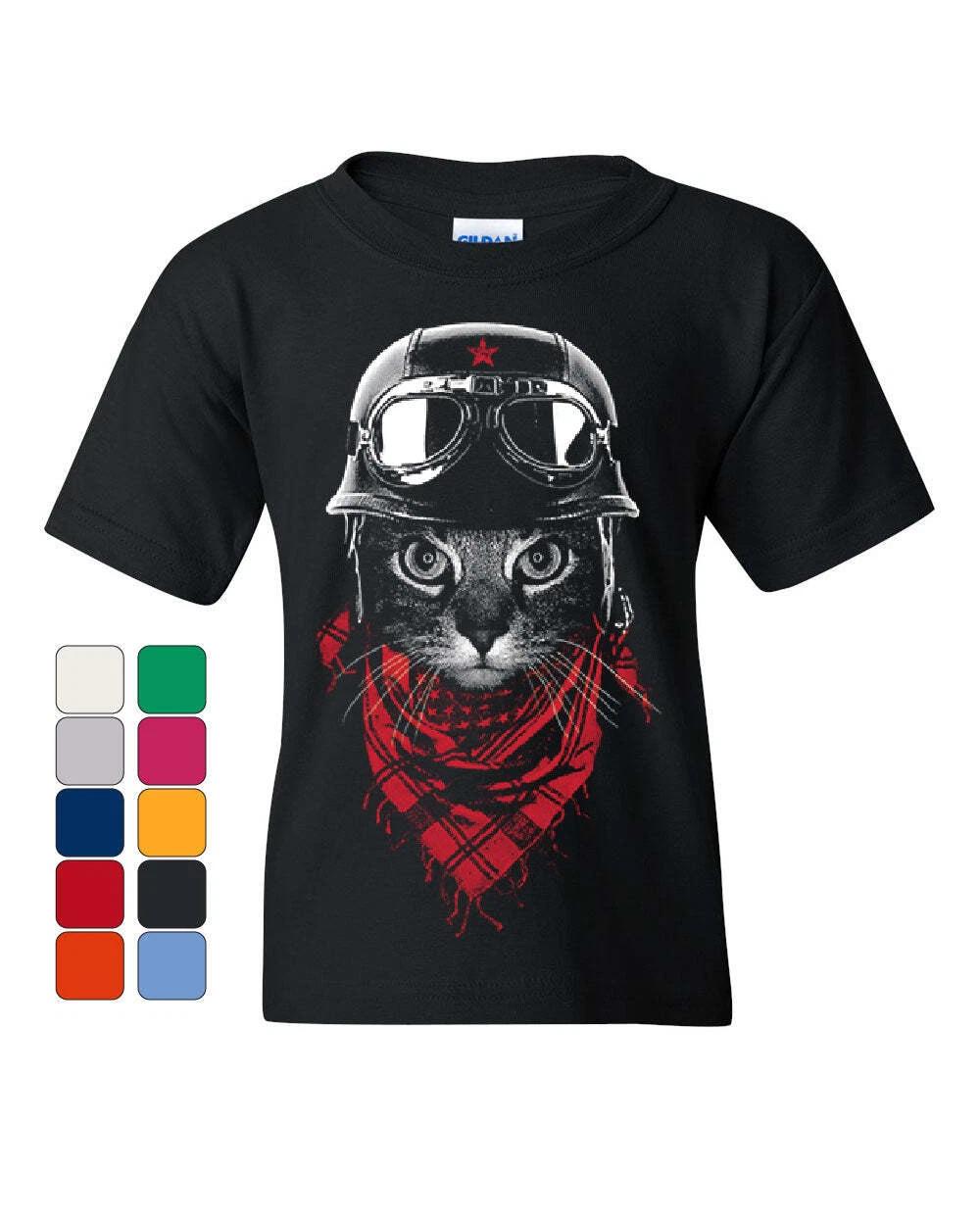 Hardcore Biker Cat Youth kids boys T-Shirt Adventurer Motorcycle Rider Kitten Kids Tee 130