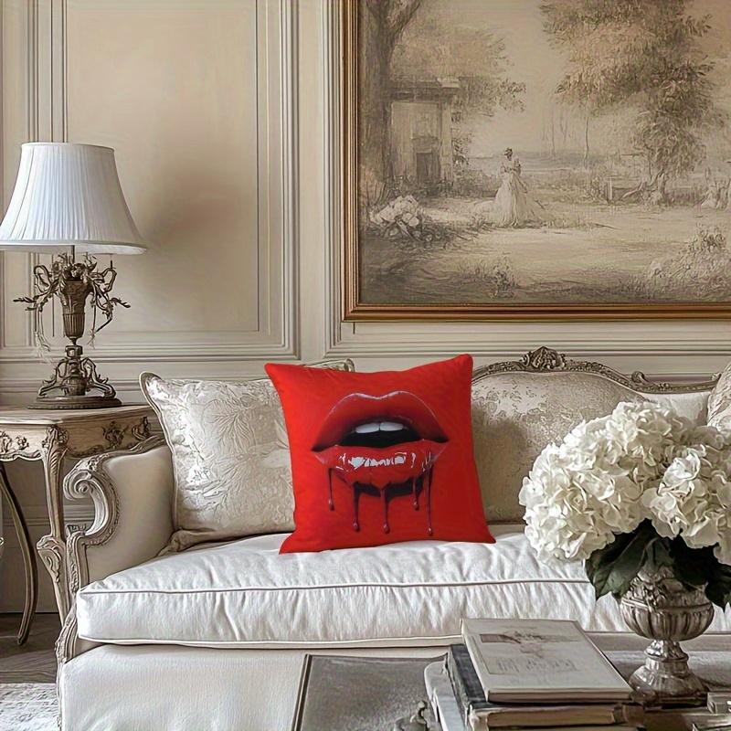 1 piece red lip print pillow cover - bold art design, soft polyester short velvet fabric, 17.7x17.7 inch decorative cushion cover with zipper