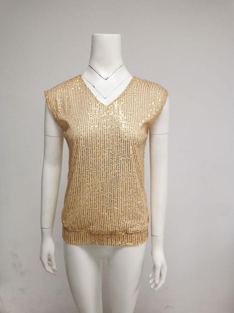 Sommer Damen Sexy V-Ausschnitt Pailletten Glanz Party Weste T-Shirt