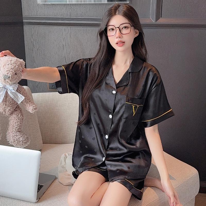 Summer 2 Piece Women Set Short Sleeve Black Tops and Shorts Pajamas Woman Silk Fashion Elegant Luxury Satin Sleepwear Polka Dot Printing Pajama Set