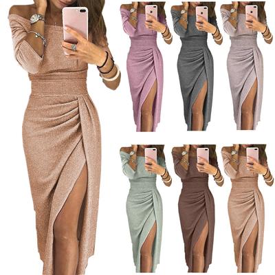 Women's Casual Off Shoulder Bodycon Dress Split Hem Midi Dress Stretchy Slim Fit Party Dress