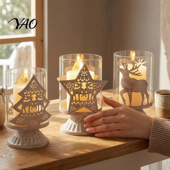 Boutique Shop Display 2Pcs Christmas Hollow Metal Candle Holder, Vintage Tabletop Tealight Lantern, Xmas Seasonal Atmosphere Light Elk, Tree,