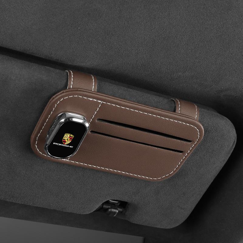 

Leather Car Glasses Clip Sunglasses Bank Card Holder For Porsche 911 718 Taycan Panamera Cayenne Macan Boxster Cayman Pajun 918 коричневый