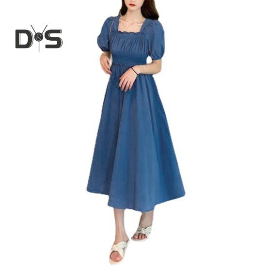 

Женское летнее платье с квадратным вырезом, рукавами-фонариками, плиссировкой, эластичным бюстом, короткими рукавами, А-силуэтом, свободным подолом, однотонное, винтажное, длиной до середины голени, длина миди XL синий