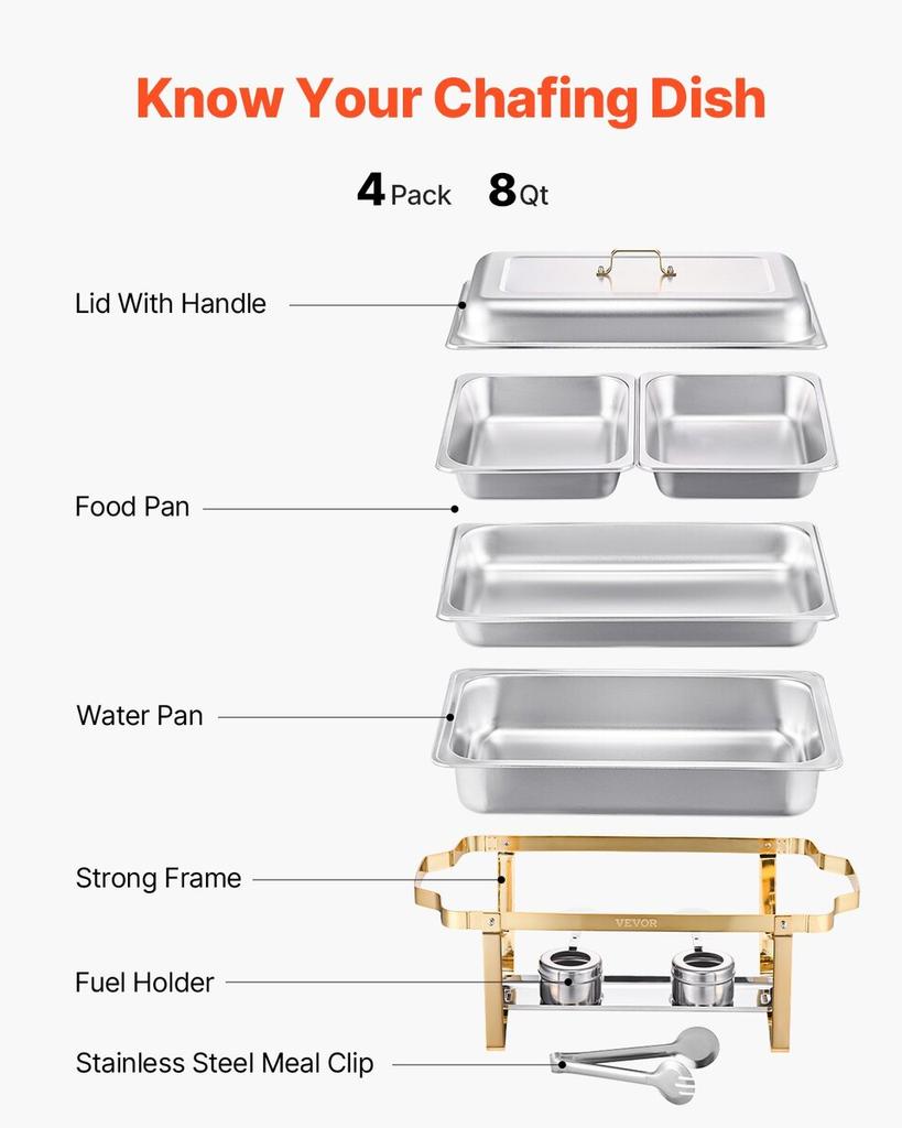 8 Qt 4 Pack Rectangle Chafing Dish Buffet Set Full-Size & Half-Size Pans