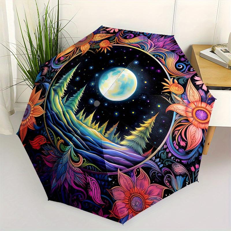 

Enchanted Forest Moonlit Night Automatic Open/Close Umbrella - 3-Fold Compact Travel Umbrella with 8-Rib Windproof Design, Mag (as the picture,Iron&8K)