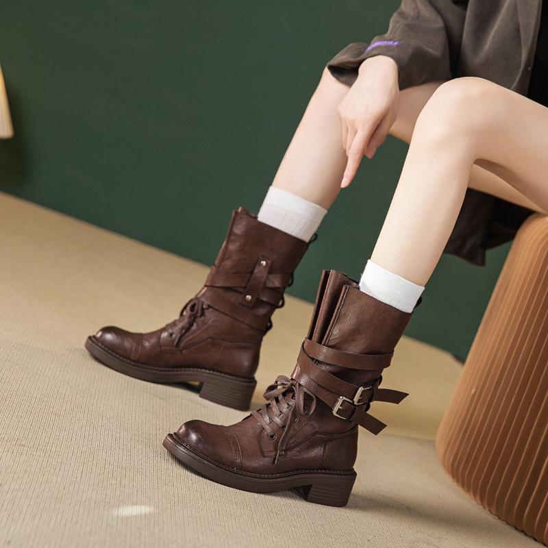 Retro thick-soled thick-heeled lace-up Martin boots for women's autumn and winter new mid-tube belt buckle locomotive boots