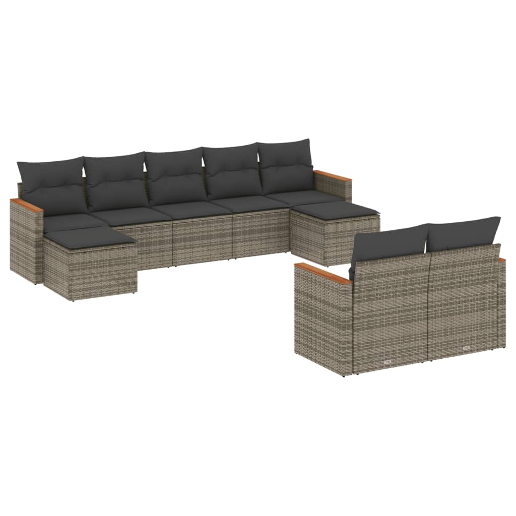 Vidaxl 9-Cz. Gartenmöbel-Set mit Kissen, Grau, Polyrattan
