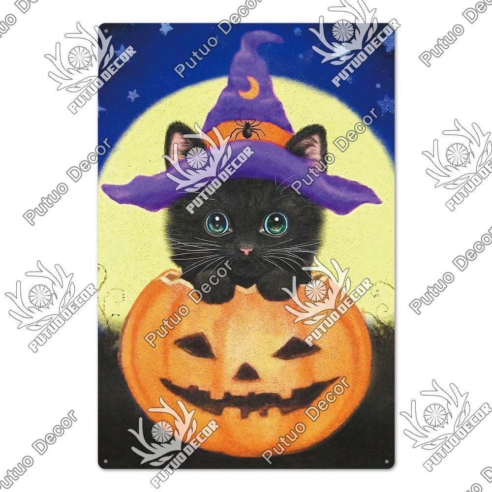 Putuo Decor Halloween Schwarze Katze Vintage Metallschild Plakette Metall Vintage Blechschild für Wohnzimmer Tür Tierhandlung Wanddekoration