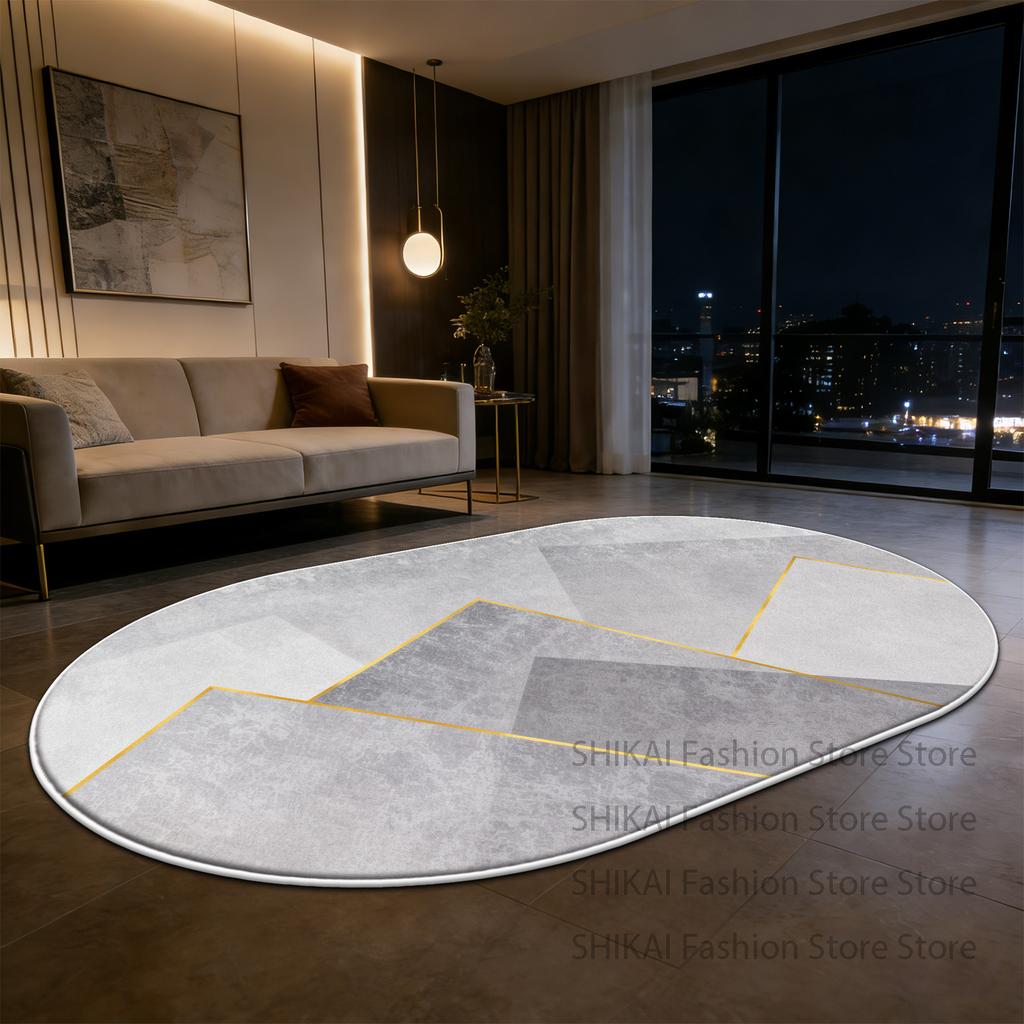 Grey Modern Geometric Style Oval Fluffy Carpet Decoration Living Room Easy Clean Soft Rug Large Area Non-slip Coffee Tables Mats