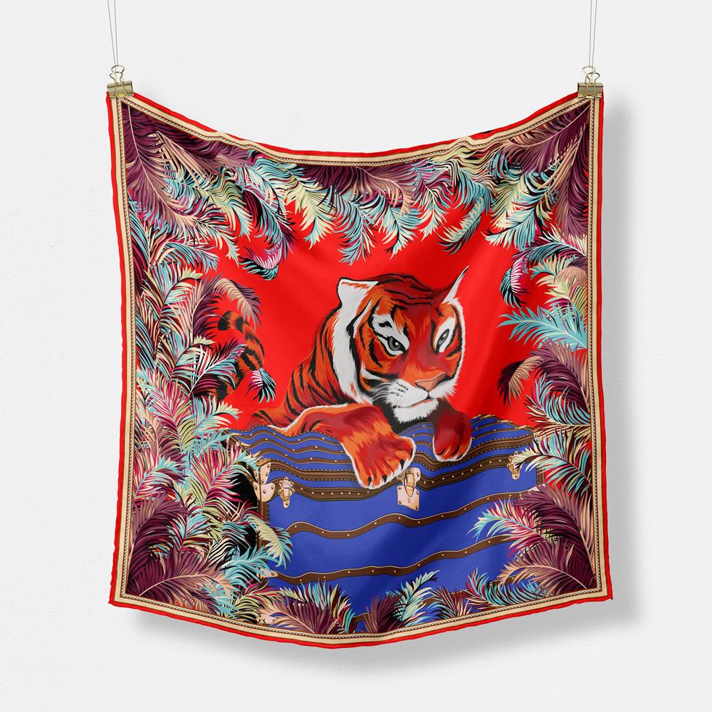 Twill Silk Scarf Women Indian Tiger Print Square Scarves Wraps Bandana Small Hijabs Silk Foulards Tie Headband Neckerchief 53CM