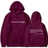 Jesień Zima Męska Bluza z Kapturem Nadruk 'Droga Osobo Za Mną Jesteś Wystarczająca' Modna Bluza Hip Hop Codzienna Odzież Unisex