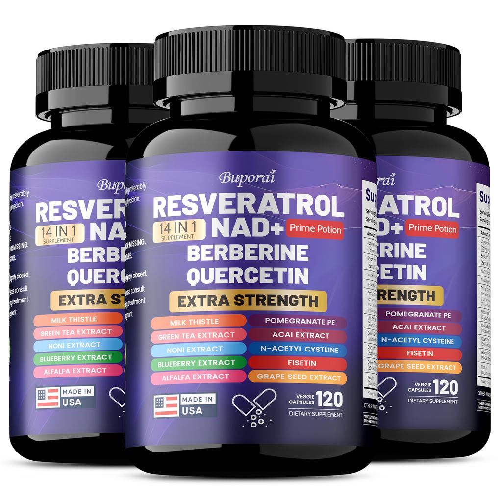 Buporai Resveratrol Supplement, containing milk thistle, berberine, green tea, blueberry, and grape seed extract, suitable for adults.