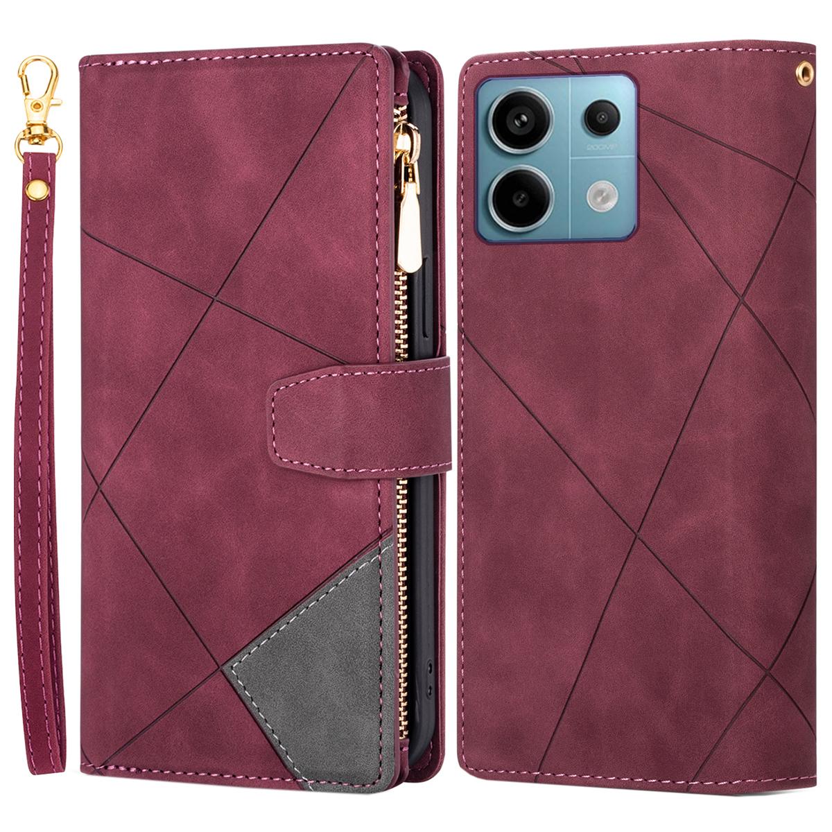 

Color Splicing Case for Xiaomi Redmi Note 13 5G Phone Cover Zipper Pocket Wallet Shell Red