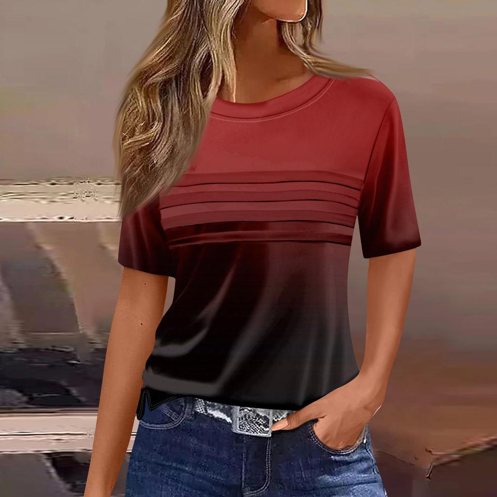 Women's Pleated Round Neck Gradient Print Short Sleeve T-shirt Hem Slit Top