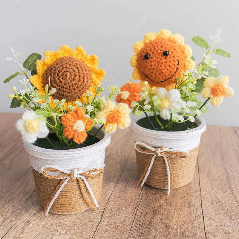Cross-Border Sunflower Yarn Knitted Bonsai Teacher's Day Gift - Woven Flower Desktop Ornament