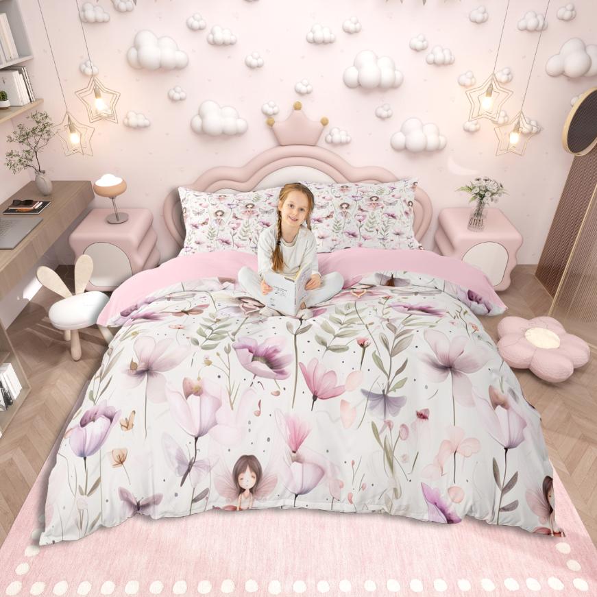 Homewish Cute Cartoon Elf Duvet Cover Set,Chic Flower Floral Bedding Set,Pink Purple White Bed Set For Girls